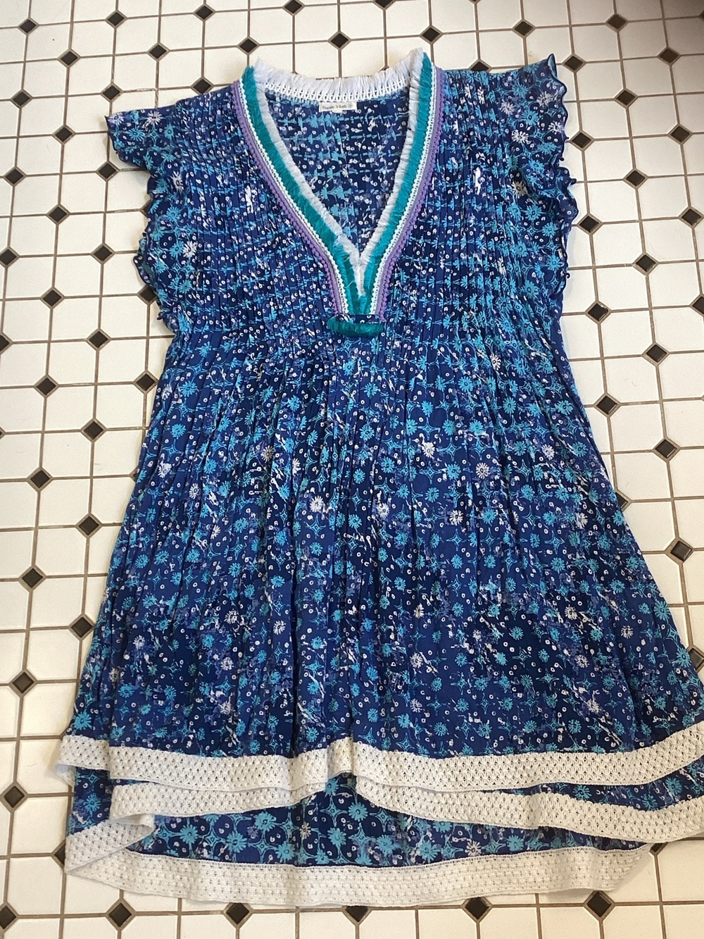 Poupette St Barth Blue Floral V-Neck Smocked Dress